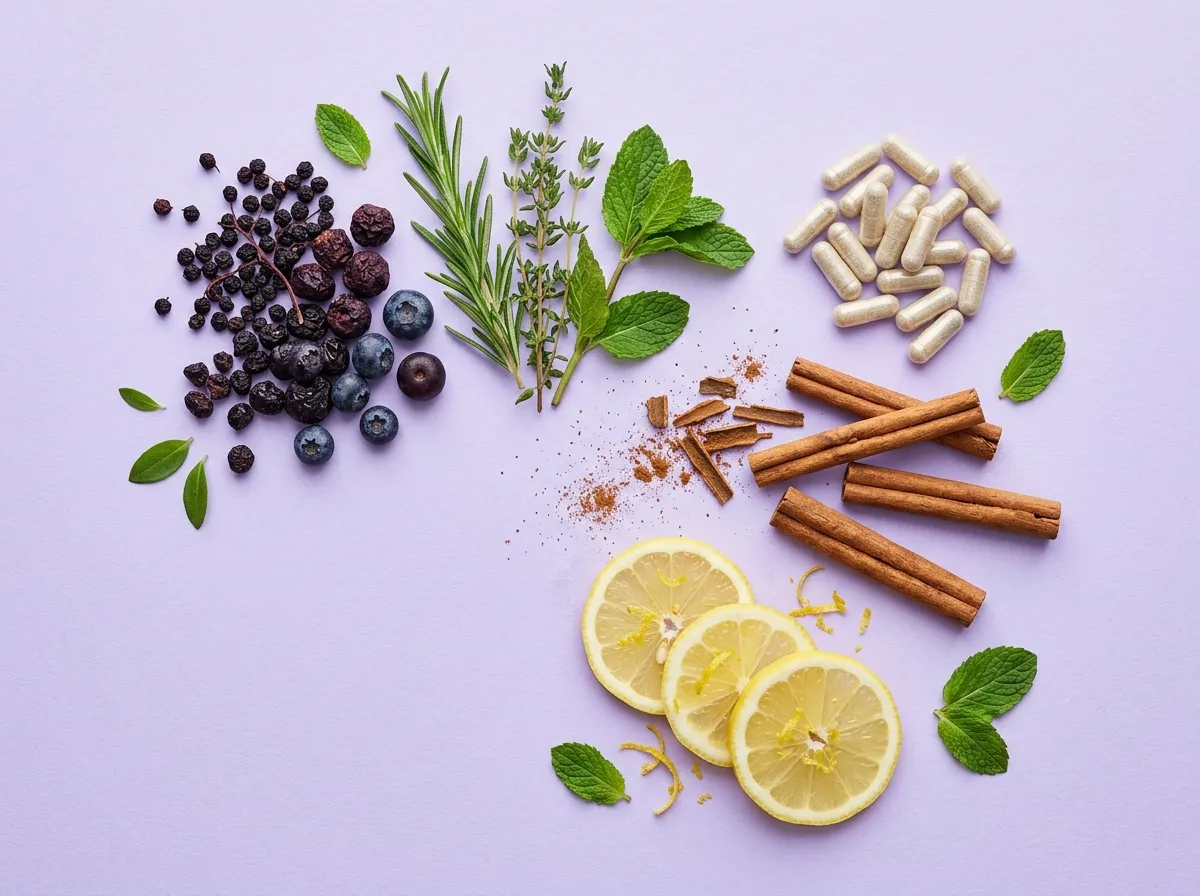 Vlakke lay-out van natuurlijke supplementingrediënten - bessen, kruiden, kaneel op lichtpaarse achtergrond