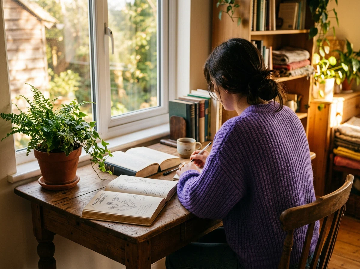 Anonieme persoon van achteren aan een bureau met boeken en een plant - redactionele sfeer