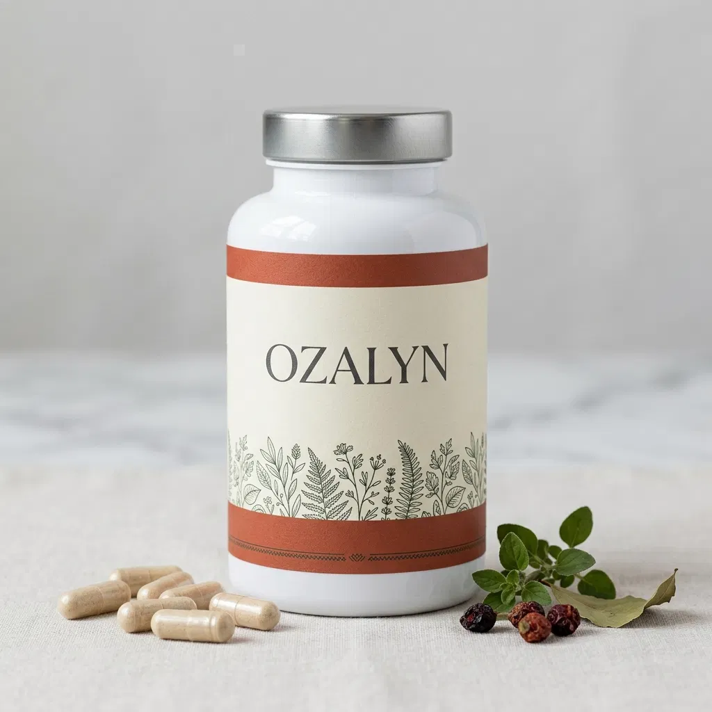 Ozalyn plantaardig voedingssupplement fles, dieppaars met gouden dop